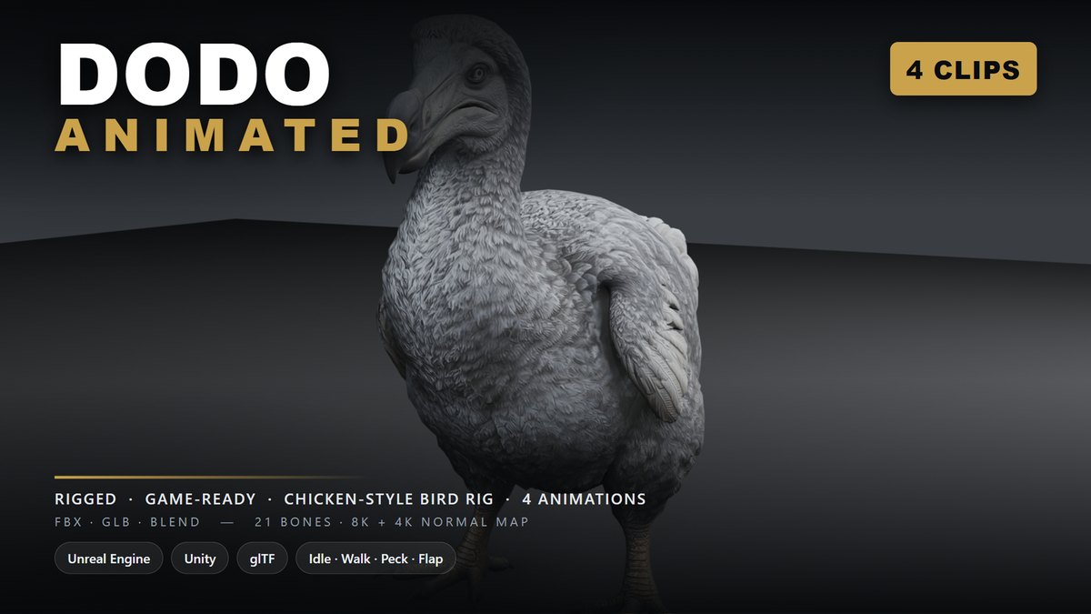 Dodo: rigged and animated extinct bird for Blender
