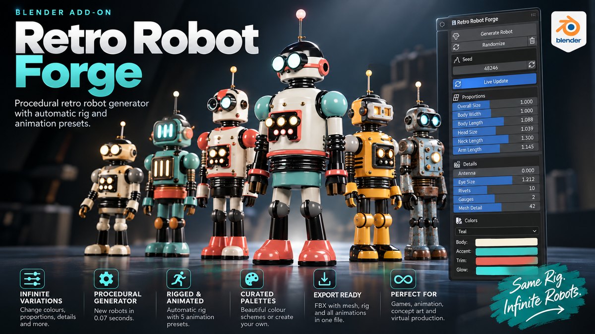 Retro Robot Forge: procedural retro robot generator for Blender